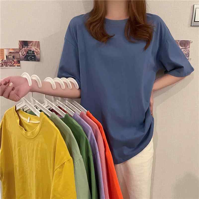 乐天商城 - Tシャツ レディース 半袖 コットン クルーネック 無地 ゆったり カットソー トップス 韓国風 カジュアル 普段使い 部屋着 ブラック ピンク系 ホワイト ラベンダー
