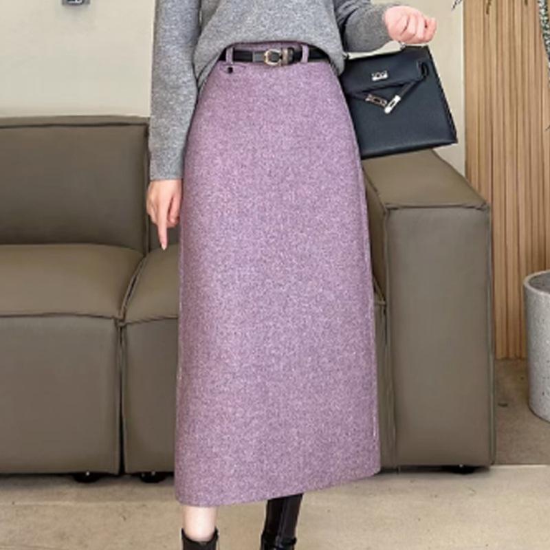 スカート レディース 春 Aラインスカート ひざ丈 ミモレ丈 ウール混紡 無地 ゴムウエスト ゆったり かわいい 紫 グレー カーキ 通勤 普..