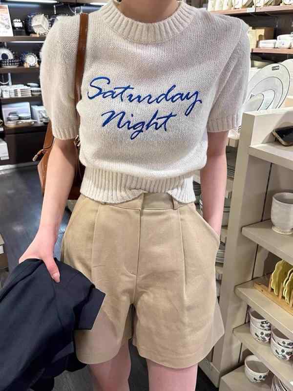 Other - Tシャツ レディース かわいい 韓国風 レトロ 刺繍 アルファベット 配色 パフスリーブ 半袖 ニット トップス プリンセススタイル 普段使い