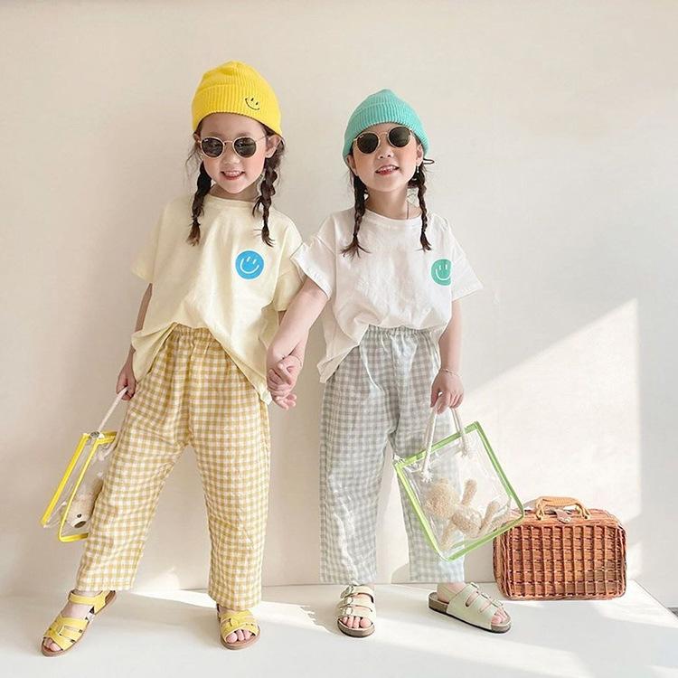子供服 女の子 格子柄 2点セット ベビー服 パンツセット 幼児 半袖 トップス 長ズボン 薄手 韓国風 かわいい 普段着 部屋着
