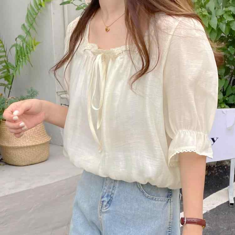 ブラウス レディース 半袖 パフスリーブ 花柄 レース コットン ポリエステル 杏色 ゆったり かわいい 韓国風 カジュアル(4.0)