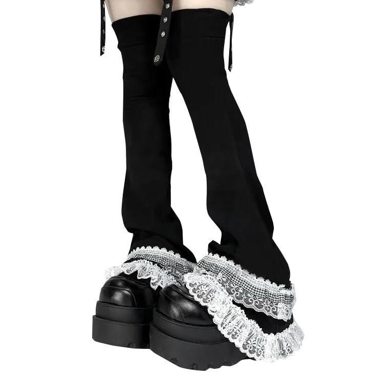 [Lilikakoi] レッグウォーマー 量産型 ニット レース リボン Y2K レディース 可愛い JK きれいめ 美脚 レッグカバー ルーズソックス サブカル系 暖かい 切り替え 病みかわ おしゃれ ゴスロリ 靴下