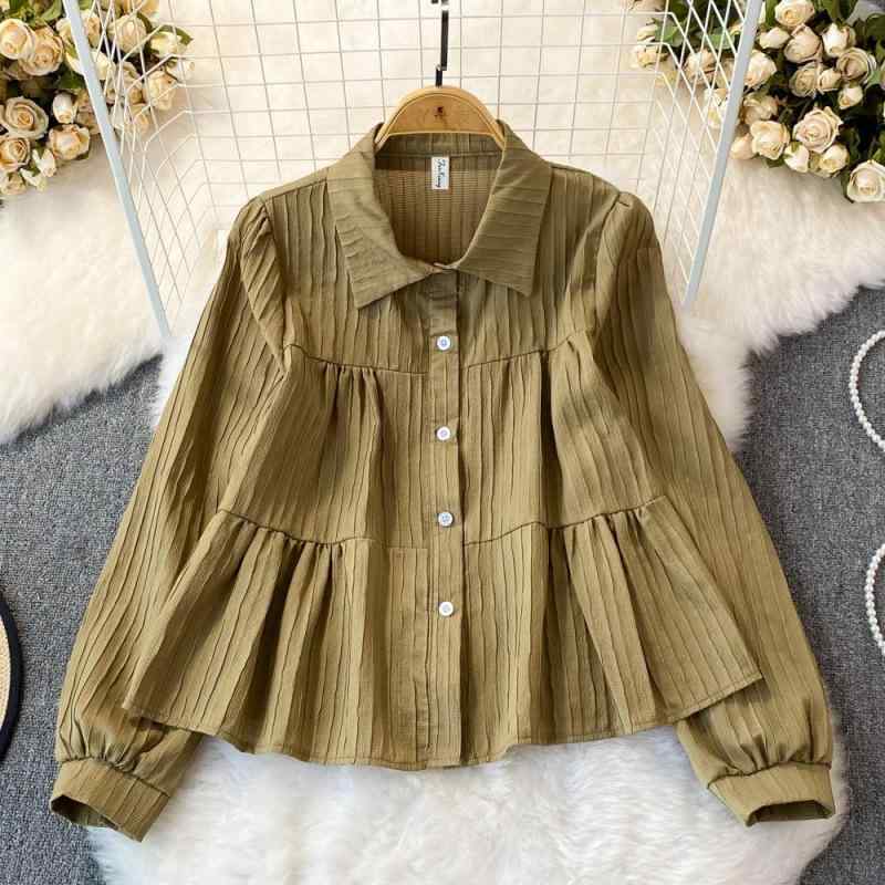 シャツ レディース 春秋 長袖 チュニック丈 コットン POLO襟 パフスリーブ ブラウス トップス 韓国風 かわいい 褶皱 襟付き 無地 ゆっ..