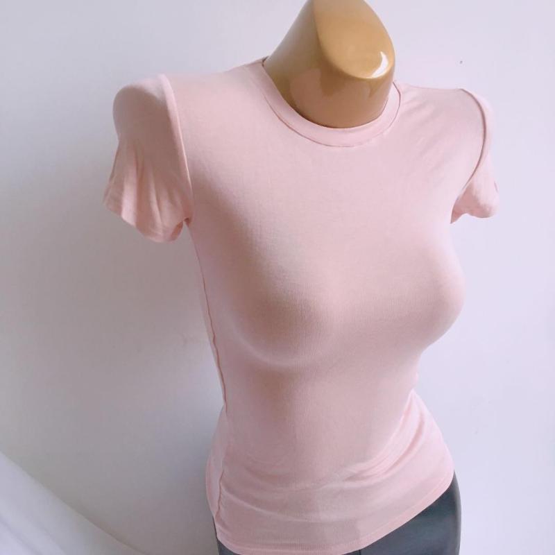 Tシャツ レディース 半袖 韓国風 桜色 ピンク系 スリムフィット ストレッチ ラウンドネック 無地 カットソー トップス