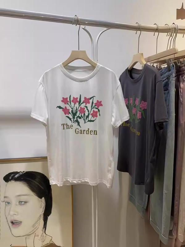 Tシャツ レディース 花柄 半袖 ゆったりサイズ ドロップショルダー 韓国風 カジュアル トップス カットソー 綿100% 体型カバー 普段使い