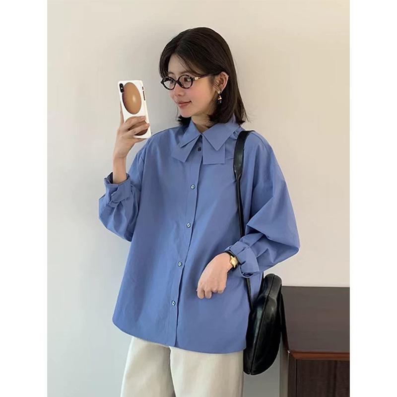 シャツ レディース 韓国風 かわいい 蝶結び 襟付き 長袖 トップス コットン ゆったり ブルー ホワイト ブラック