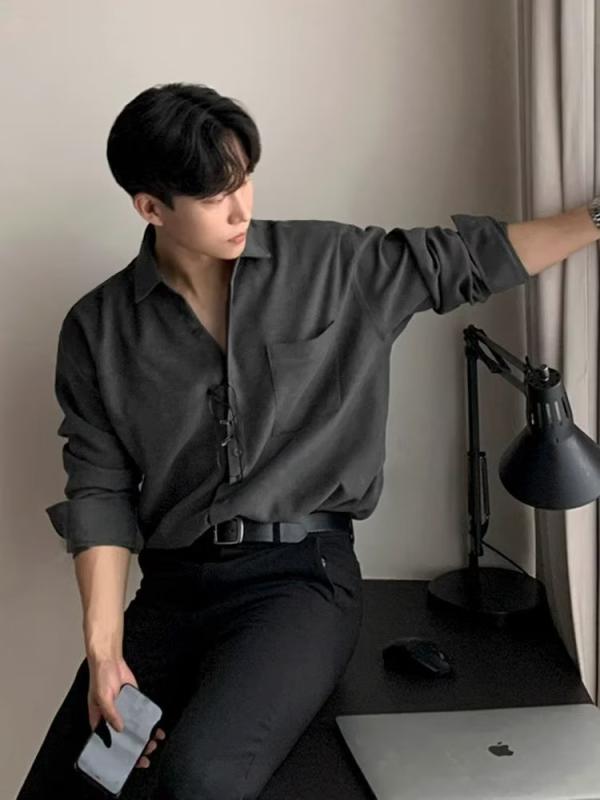 Long-Sleeve （Shape Holding） - シャツ メンズ 男性用 長袖 韓国風 形態安定 ポリエステル 無地 カジュアル 普段使い トップス ライトアウター グレー カーキ色 春秋