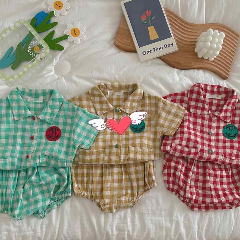 ベビー服 上下セット 夏物 幼児 チェック柄 半袖シャツ 短パン かわいい 刺繍 コットン 薄手 男の子 女の子 普段着 おしゃれ 66cm 73cm 80cm 90cm