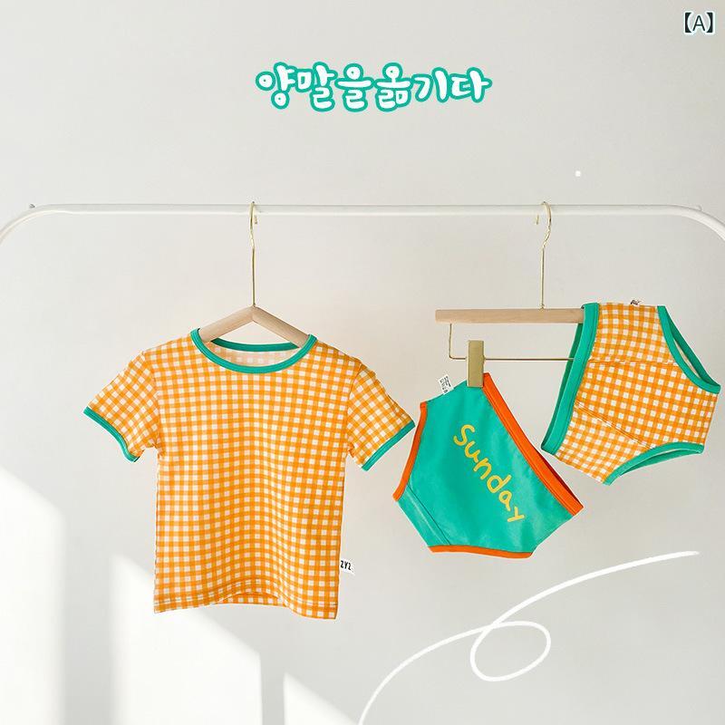 子供用肌着 セットアップ 春秋 格子柄 半袖トップス 短パン 綿100% かわいい パジ...