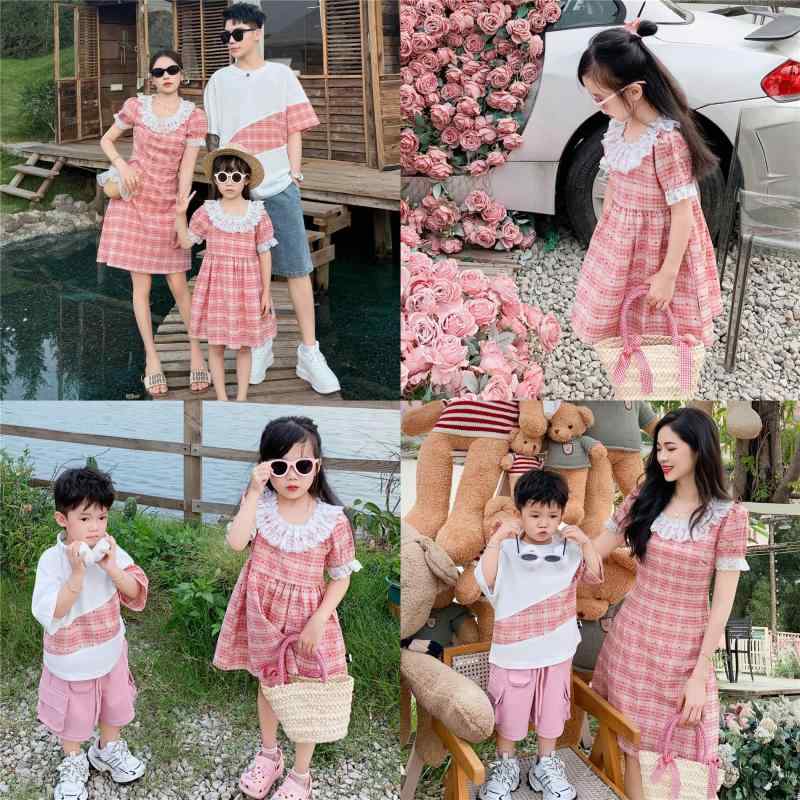 Tシャツ 親子ペア ベビー服 女の子 男の子 半袖 カットソー かわいい 格子柄 ピンク系 コットン 柔らかい 普段使い 部屋着 春夏