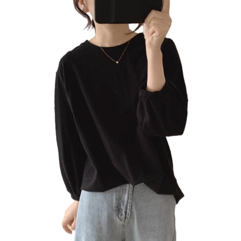 [MaadeaNoeTe] レディース Tシャツ カットソー トップス 長袖 丸首 ニットソー パフスリーブ 無地 シンプル 快適 ゆったり 大きいサイズ 体型カバー 着瘦せ おしゃれ カジュアル 普段着 通勤 春