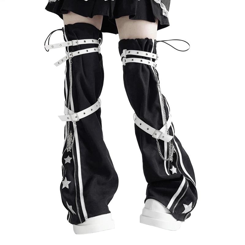 [Lilikakoi] 水色 ブラック 天使界隈 ルーズソックス 星 柄 レッグウォーマー レディース ベルト リボン チェーン ベルト付き かわいい 量産型 サブカル系 Y2K 美脚 地雷系 ギャル 原宿系 機能風