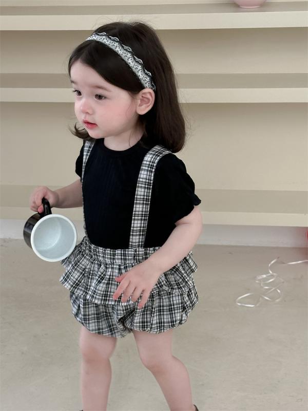 ベビー服 女の子 半袖Tシャツ サロペット ブルマ 上下セット 夏物 韓国風 子供服 赤ちゃん 薄手 コットン チェック柄 かわいい 普段着 部屋着