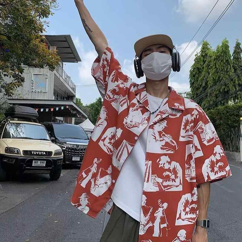 シャツ 男性用 韓国風 ゆったり 高級感 五分袖 チェック柄 接触冷感 ポリエステル混紡 黒 ブラック 赤 レッド