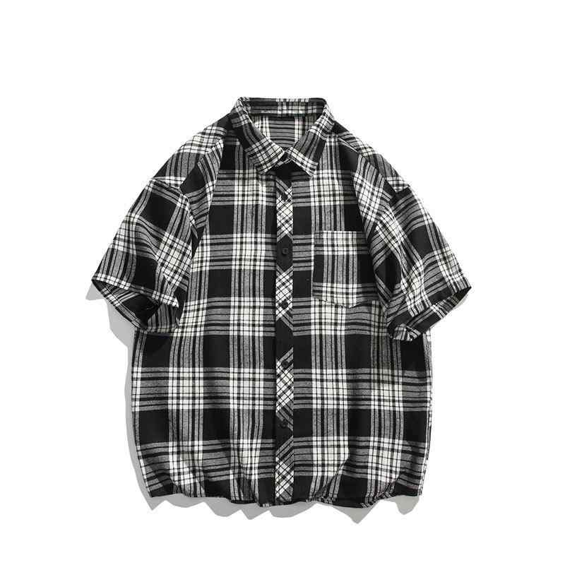 シャツ 男性用 半袖 チェック柄 コットン混紡 ゆったり カジュアル スタイル 黒 白 黄色 緑 大きいサイズ サマー