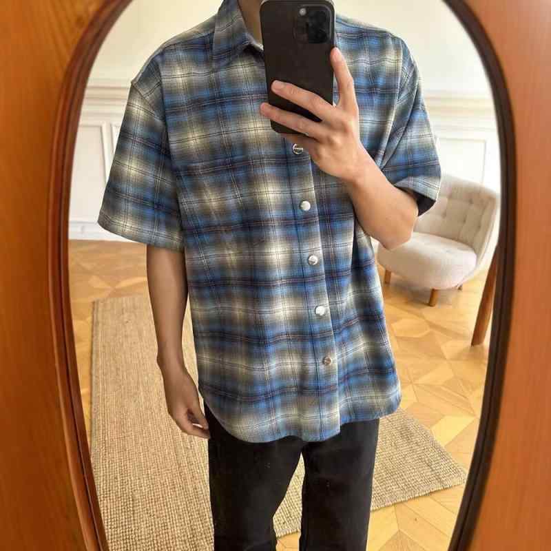 シャツ メンズ 男性用 トップス ブルー チェック柄 美品 レトロ 半袖 ポリエステル 普段使い