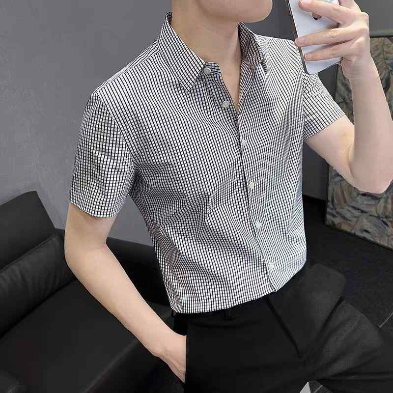 シャツ メンズ 男性用 半袖 ポリエステル 格子柄 スリム 開襟シャツ トップス 普段使い ビジネス 白 黒