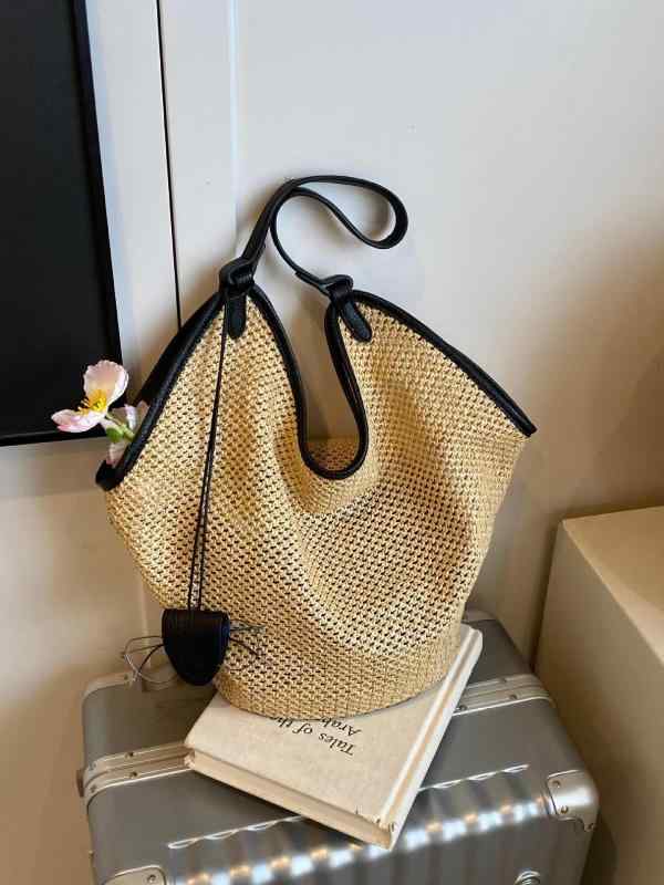 Handbag Type - 麦わら帽子 レディース 鞄 大容量 手編み バッグ リゾート ビーチ サマー カジュアル 旅行用 手提げ 黒 ブラック 茶色 ブラウン