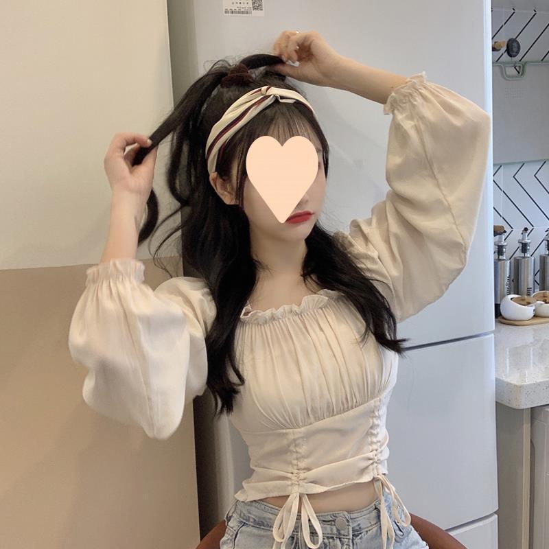 シャツ レディース 春秋 韓国風 デザイン 長袖 トップス 一字肩 杏色 ホワイト イエロー ポリエステル 蝶結び きれいめ 通勤