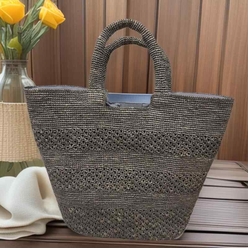 トートバッグ レディース ラフィア 手編み 灰色...の商品画像