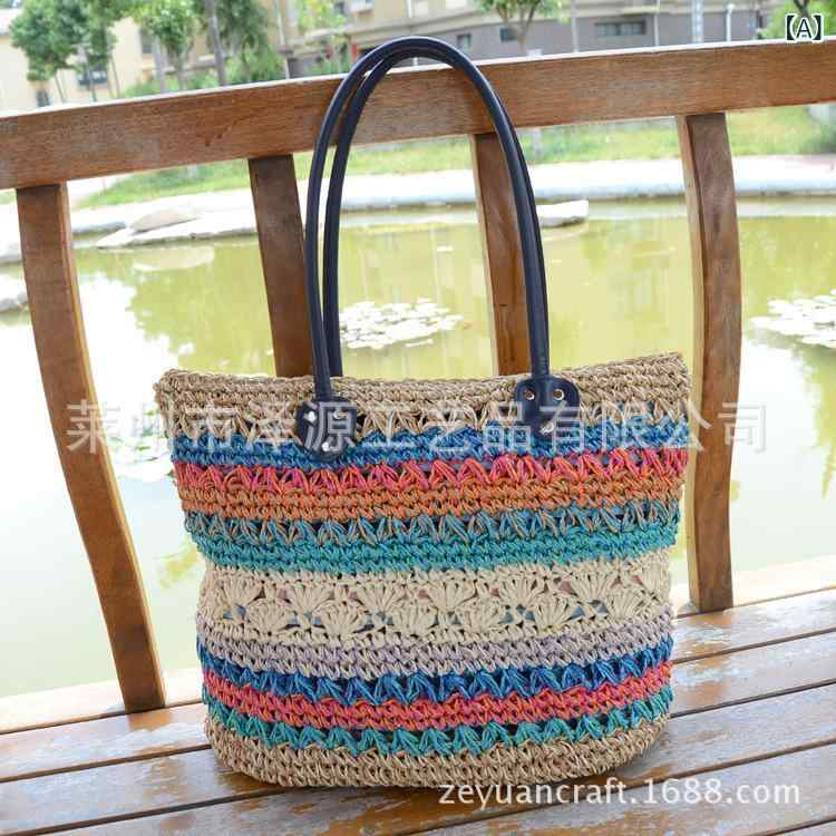 Handbag Type - かごバッグ レディース ショルダーバッグ 編み込み ビーチバッグ 草編み 撞色 大容量 旅行 リゾート 海水浴 普段使い