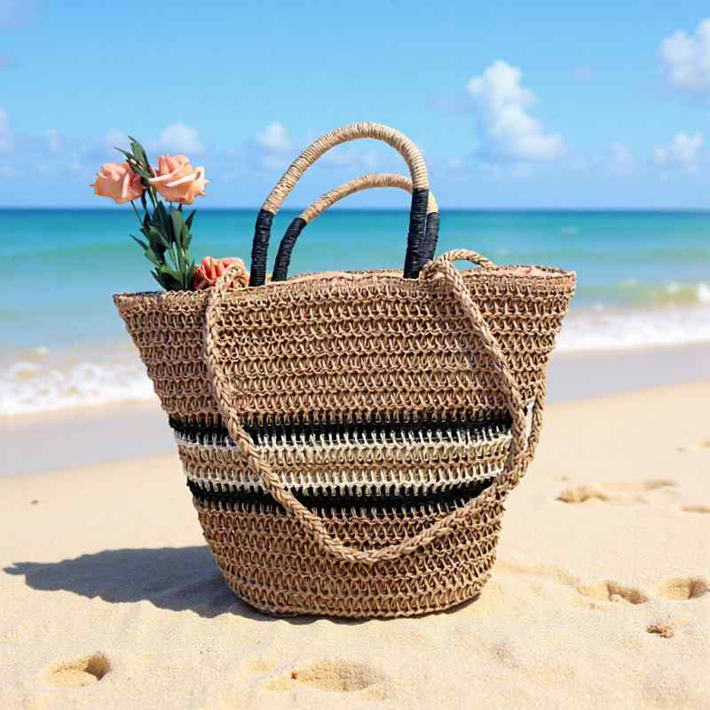 Tote Bag Type - かごバッグ レディース ショルダーバッグ トートバッグ 編み込み ストライプ 裏地付き バケット型 ベージュ系 普段使い