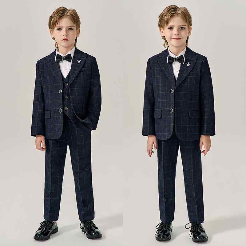 子供用フォーマルスーツ 男の子用3点セット ジャケット ベスト パンツ 入園式 結婚式 発表会 七五三 卒園式 紳士風 チェック柄 黒色 スーツ 上下セット