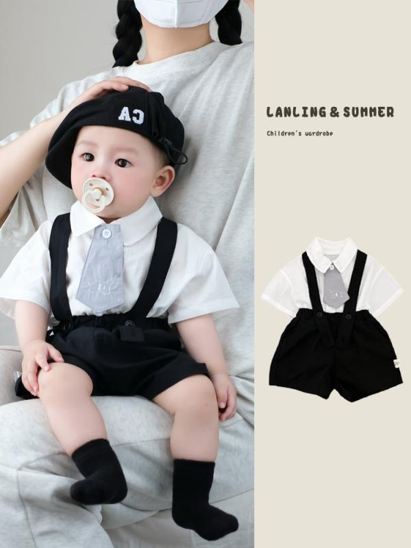 ベビー服 男の子 フォーマル 半袖シャツ サロペット風 ショートパンツ 上下セット 2点セット 綿100％ 学院風 70 80 90 100 薄手 夏
