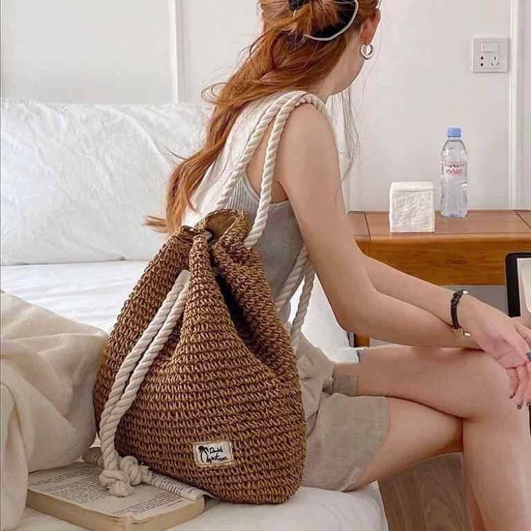 Tote Bag Type - かごバッグ レディース ショルダーバッグ 粗編み 巾着 バケットバッグ 草編み トートバッグ 肩掛け 手提げ カバン かわいい おしゃれ 裏地なし ベージュ ブラック ブルー