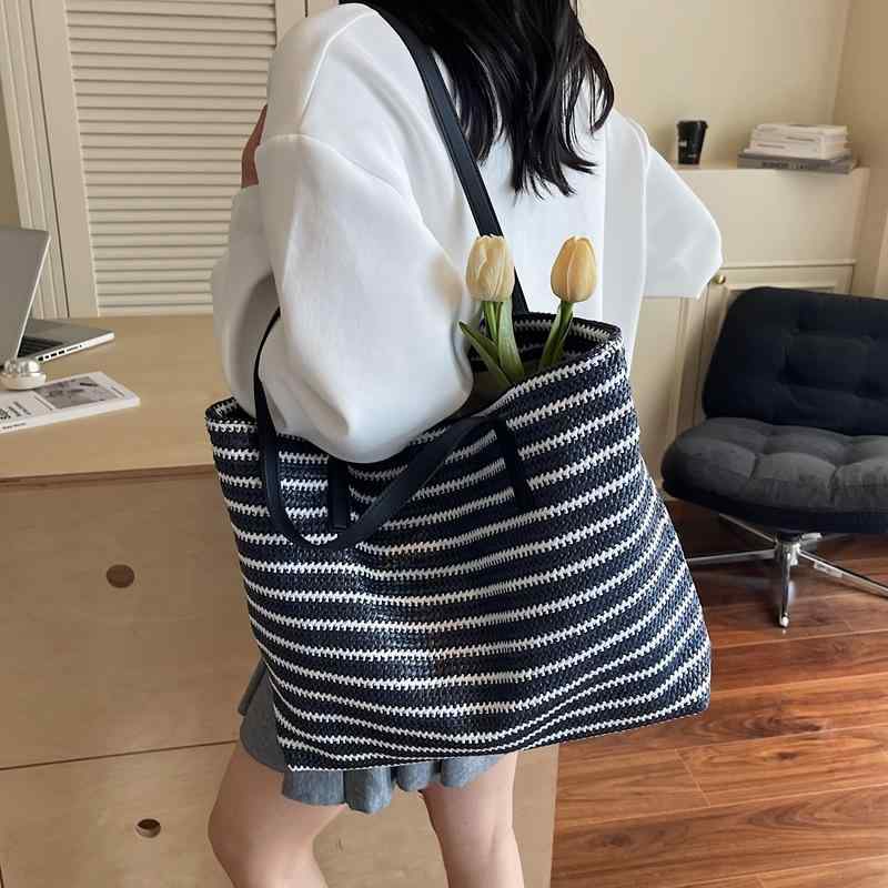 Tote Bag Type - かごバッグ レディース 女性用 トートバッグ 大容量 普段使い 通勤用 森ガール カバン 草編み 裏地付き ブラック ブルー系 カーキ色