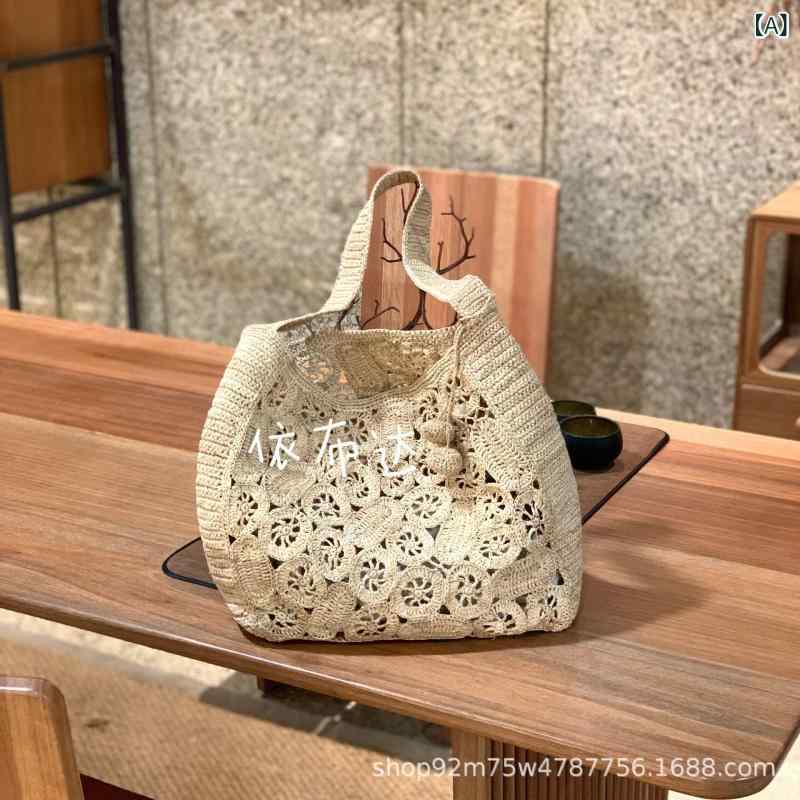 Tote Bag Type - かごバッグ レディース ラフィア 草編み 手編み 大容量 镂空 手提げ 肩掛け 鞄 旅行用 普段使い ブラック ナチュラル