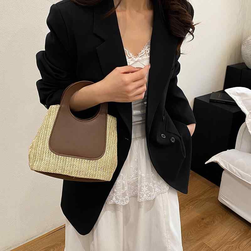 Tote Bag Type - かごバッグ レディース 春夏 ストリート 手編み バケットバッグ 大容量 ハンドバッグ 撞色 切り替え ブラック ブラウン