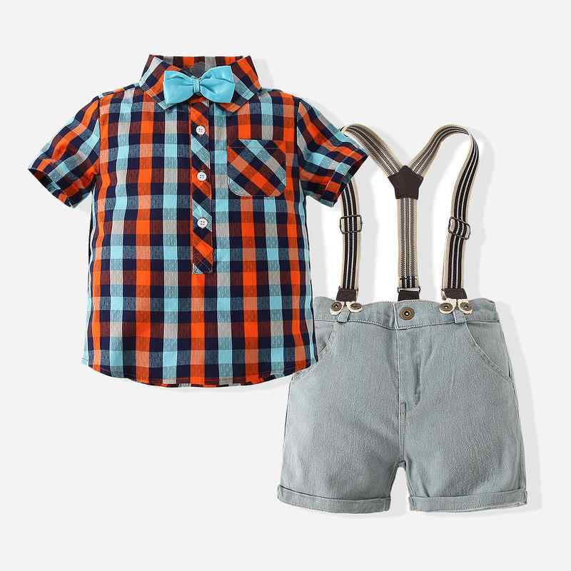 キッズ 夏服 セットアップ 半袖 格子柄シャツ デニム オーバーオール 2点 上下セット 子供服 男の子 100cm 110cm 120cm 130cm 140cm