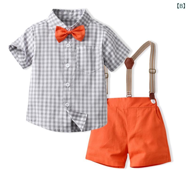 キッズ 男の子用 半袖シャツ & 短パン セットアップ チェック柄 コットン 普段着 部屋着