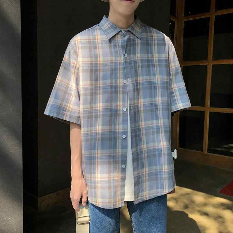 シャツ メンズ 半袖 格子柄 コットン混紡 五分袖 カジュアル トップス ルーズフィット 普段使い 韓国風 ブルー ピンク系
