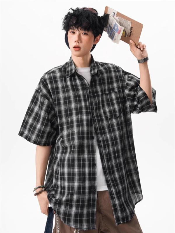 シャツ メンズ 半袖 コットン 格子柄 カジュアル 韓国風 リラックス 接触冷感 普段使い