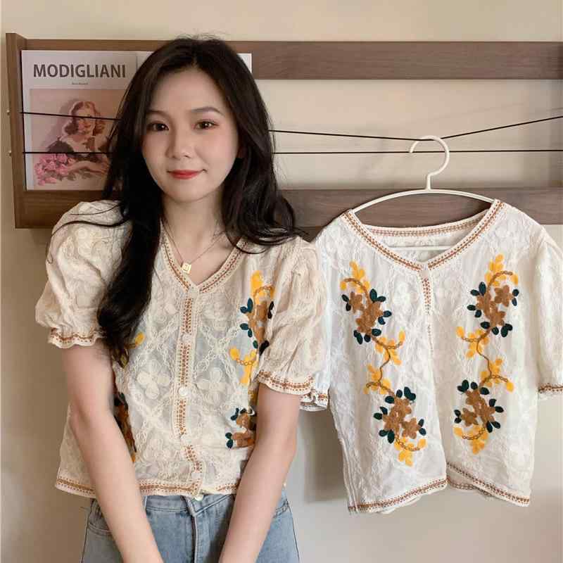 シャツ レディース 花柄 刺繍 カーディガン Vネック 半袖 パフスリーブ ブラウス トップス 綿 レース 春夏 白 ホワイト系