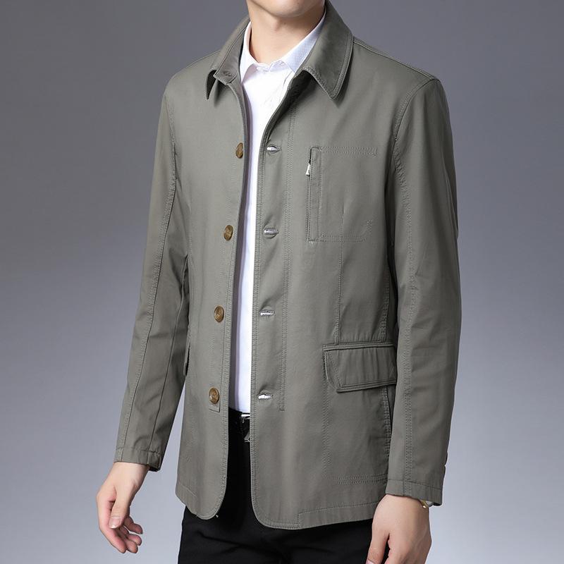 メンズ ジャケット 中年 男性用 綿 100% 春秋 シーズン ダディースタイル ゆったり ワイドシルエット ルーズフィット スタンドカラー シングルブレスト ノーホッド ミッドウェイト ソリッドカラー ダークネイビー グレー ベージュ ゆったり 大きい