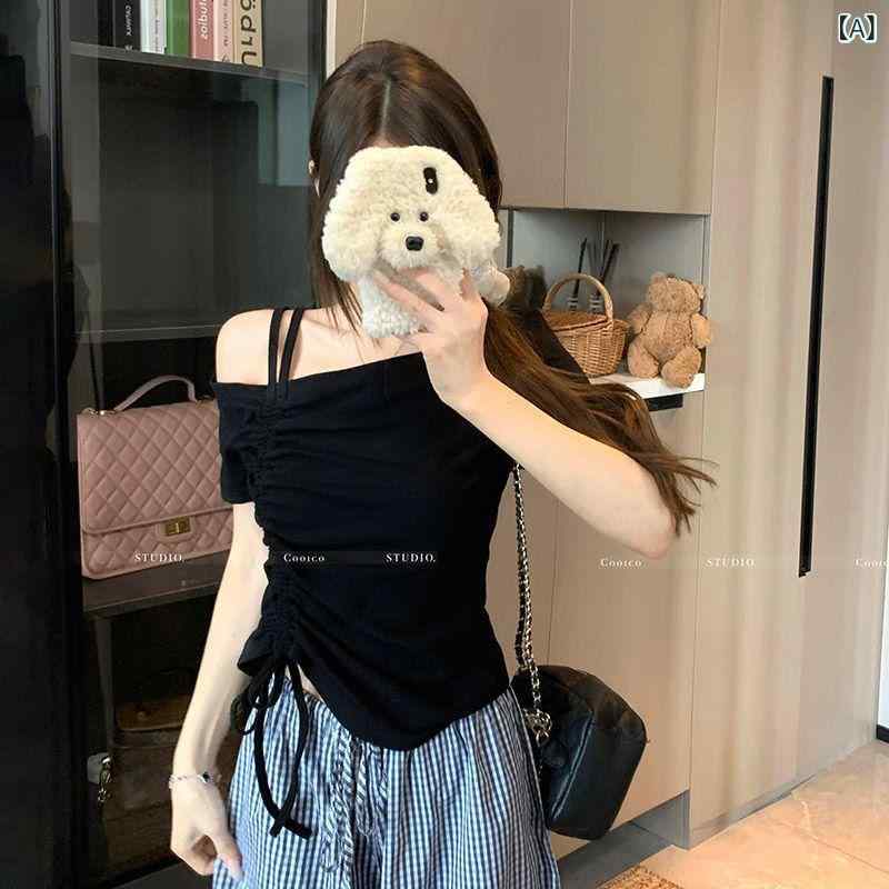 Tシャツ レディース 半袖 斜めネック 肩出し トップス 韓国風 おしゃれ ウエスト絞り 無地 カットソー 綿 日韓カジュアル ブラック イエロー ブルー パープル