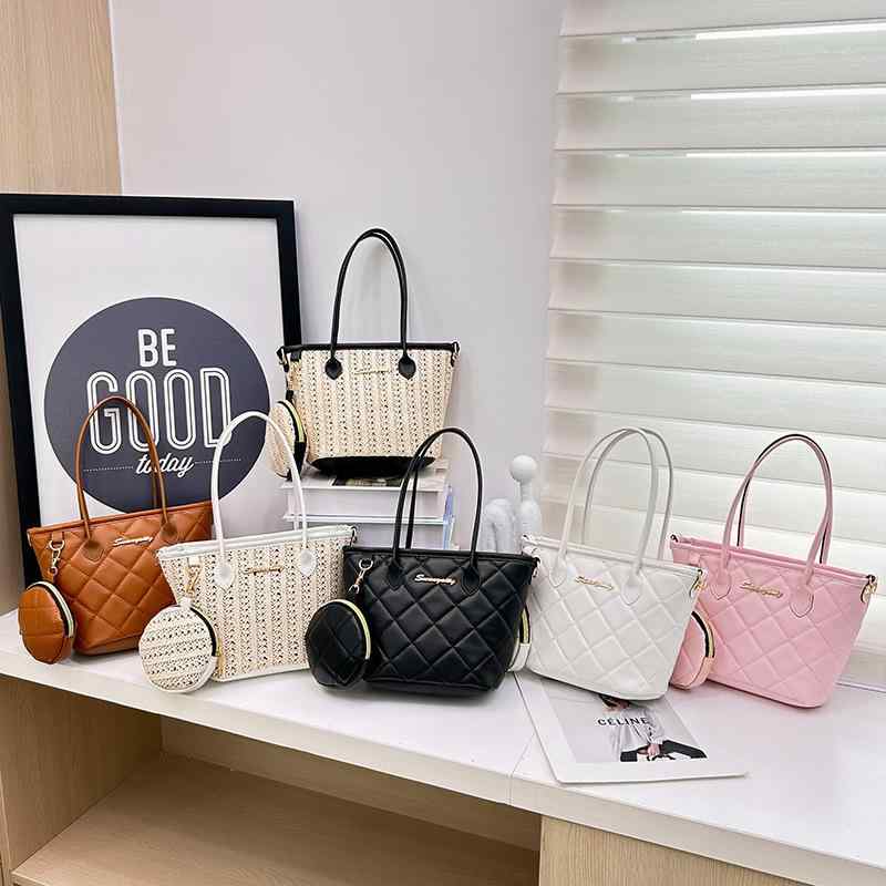 Tote Bag Type - トートバッグ レディース 菱格 草編み コンビ 通勤 ショルダーバッグ カジュアル シンプル 親子バッグ 大容量 PU レザー ブラック ホワイト ピンク ブラウン 草編み白 草編み黒
