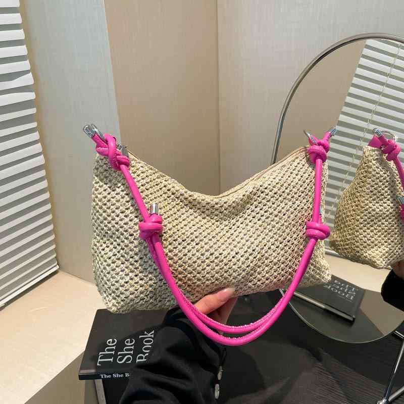 Tote Bag Type - かごバッグ レディース 草編み ショルダーバッグ カジュアル 森ガール ビーチ ハンドバッグ 切り替え ブラウン ホワイト ブラック ピンク系 カーキ色 スマホ入れ