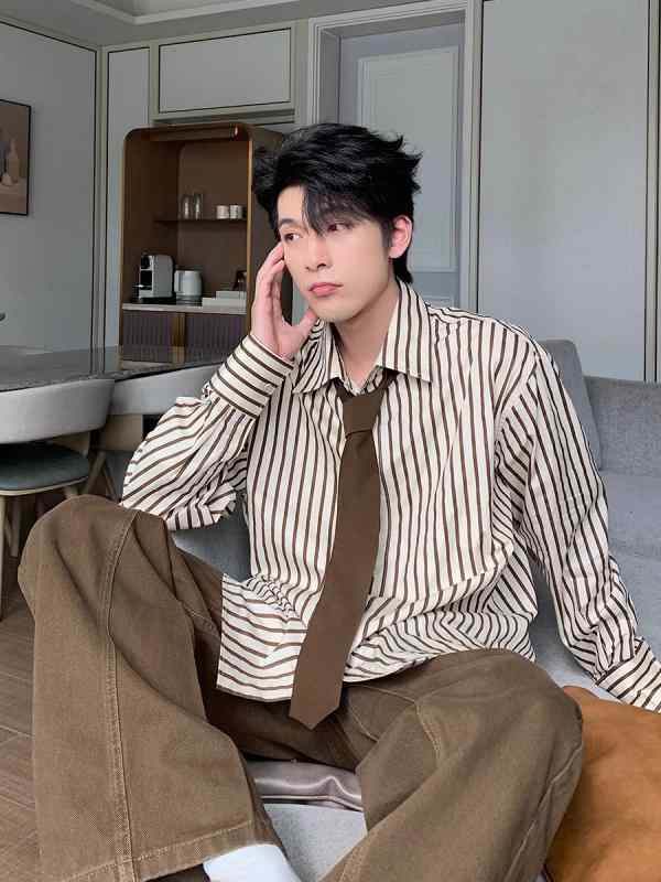 シャツ メンズ 韓国風 ストライプ柄 長袖 ワークシャツ ゆったり ポリエステル トップス カジュアル 黒 ブラック ブラウン ブルー 秋(4.0)