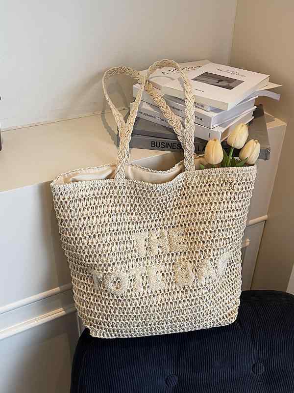 Handbag Type - トートバッグ レディース 大容量 ストライプ柄 レタープリント かごバッグ ショルダーバッグ 通勤 普段使い ミルキーホワイト/カーキ