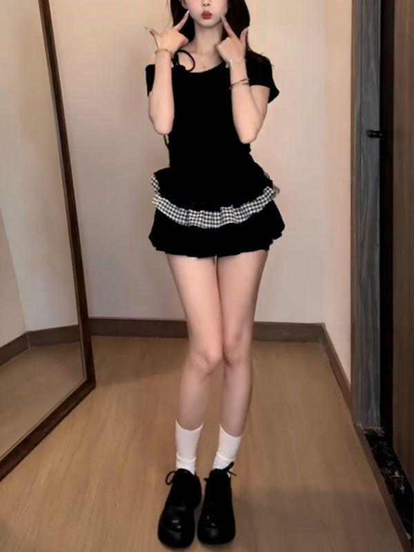 Tシャツ レディース 韓国風 格子柄 切り替え 半袖 ラウンドネック へそ出し トップス モダール 伸縮性 黒