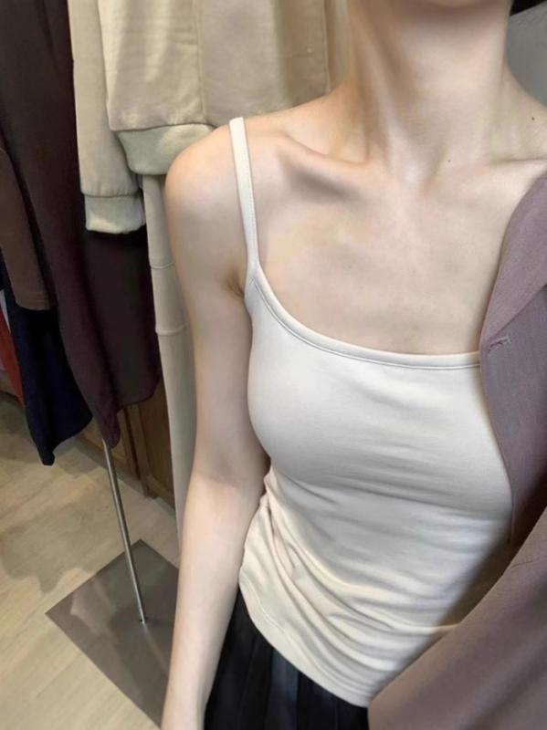 Tシャツ レディース キャミソール 韓国風 ノースリーブ スリム トップス ビスコース レーヨン混紡 無地 カットソー タイト 重ね着 スクエアネック 白 黒 グレー