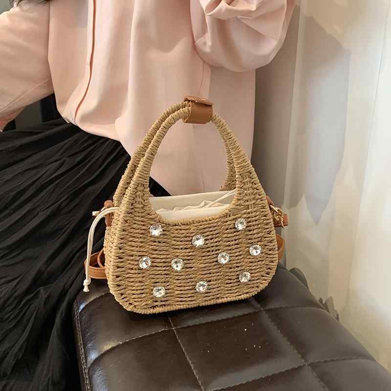 Handbag Type - かごバッグ レディース フレンチスタイル 草編み 巾着 ショルダーバッグ ドリルハンドル インナーポケット付き ベージュ系 カジュアル 普段使い