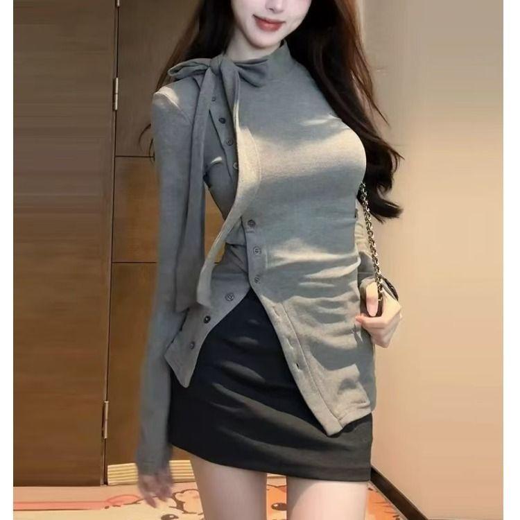 Rakuten - Tシャツ レディース 韓国風 長袖 トップス スリムフィット 配色 切り替え 半ハイネック リボン 接触冷感 きれいめ カジュアル グレー ブラック
