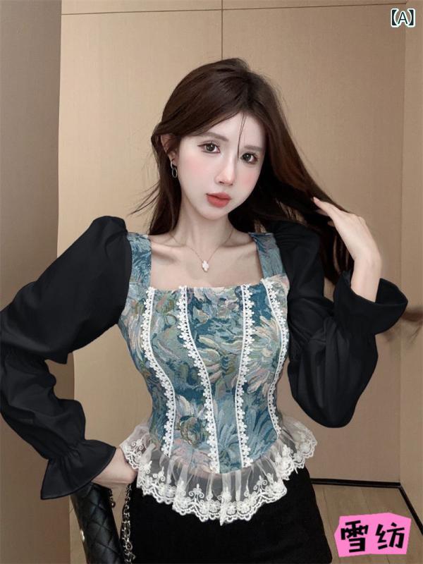 Rakuten - シャツ レディース ブラウス トップス 春夏 韓国風 長袖 方領 パフスリーブ 花柄 切り替え 3D かわいい 日韓 カジュアル きれいめ オフィス