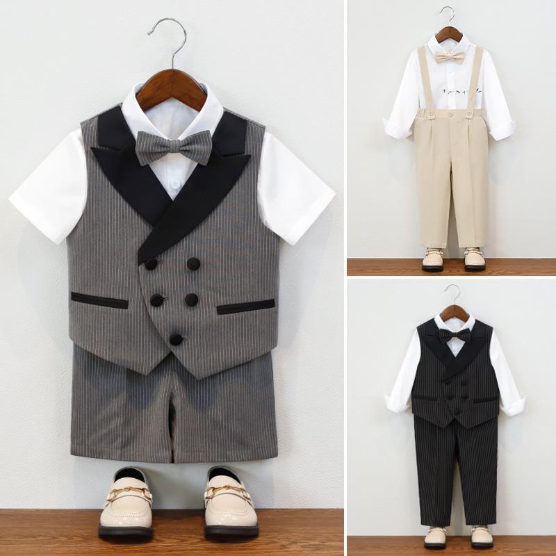 Rakuten - 子供用 フォーマルスーツ 春秋 ストライプ ベスト ショーパン 短パン 男の子 発表会 演奏会 ピアノ 司会 礼服 グレー 黒 ベージュ ポリエステル