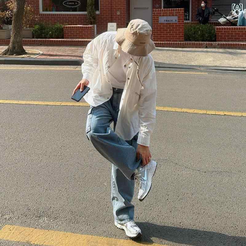 シャツ 男性用 長袖 ルーズフィット トップス 韓国風 配色 ポリエステル ボタン留め ホワイト 大きいサイズ 2